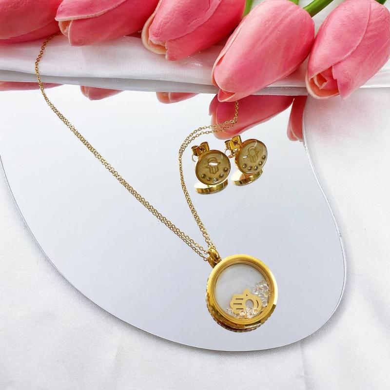 

Necklace Earrings Set Factory Direct Sales Dried Pressed Hand Round Shape Glass Pendant For Women Girl Stainless Steel Jewelry, Picture shown