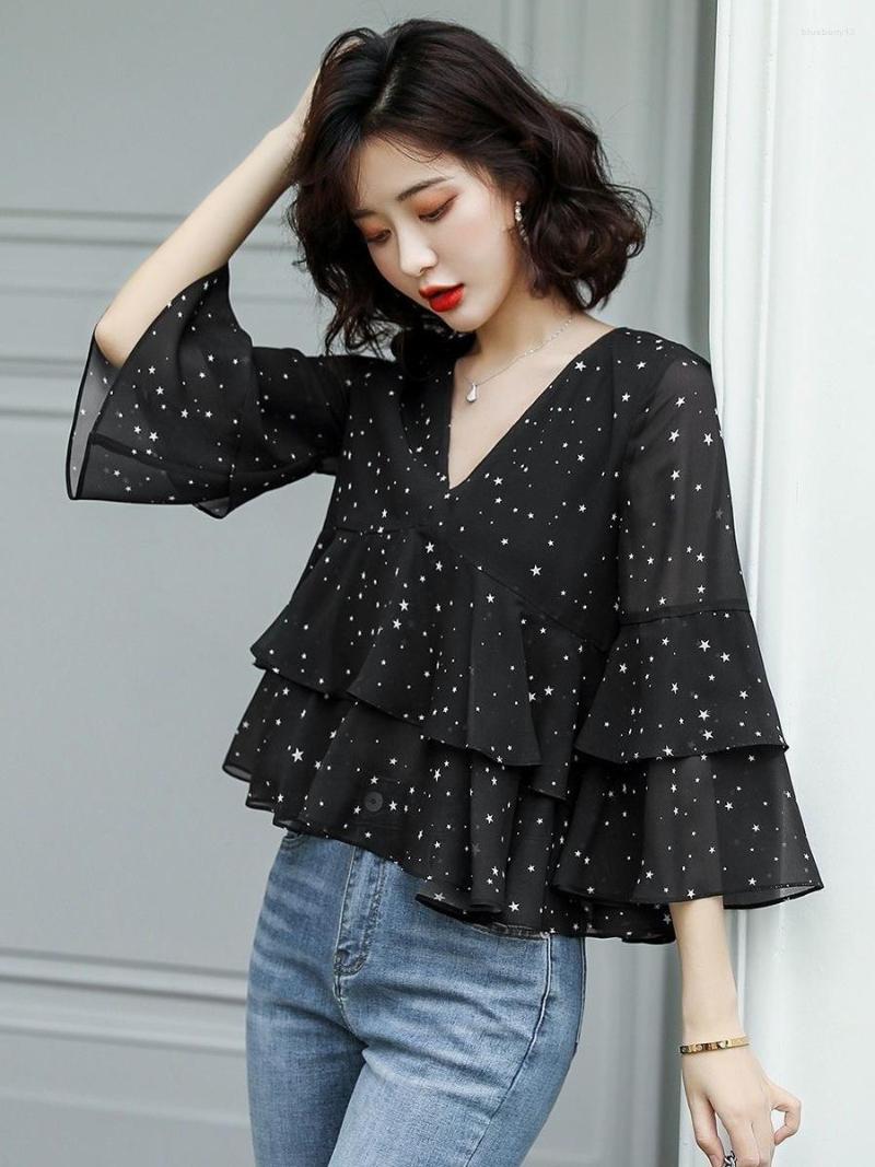 

Women' Blouses Woman Spring Summer Style Tops Lady Casual Short Flare Sleeve V-NeckDot Printed Chiffon Blusas SP1651, Black