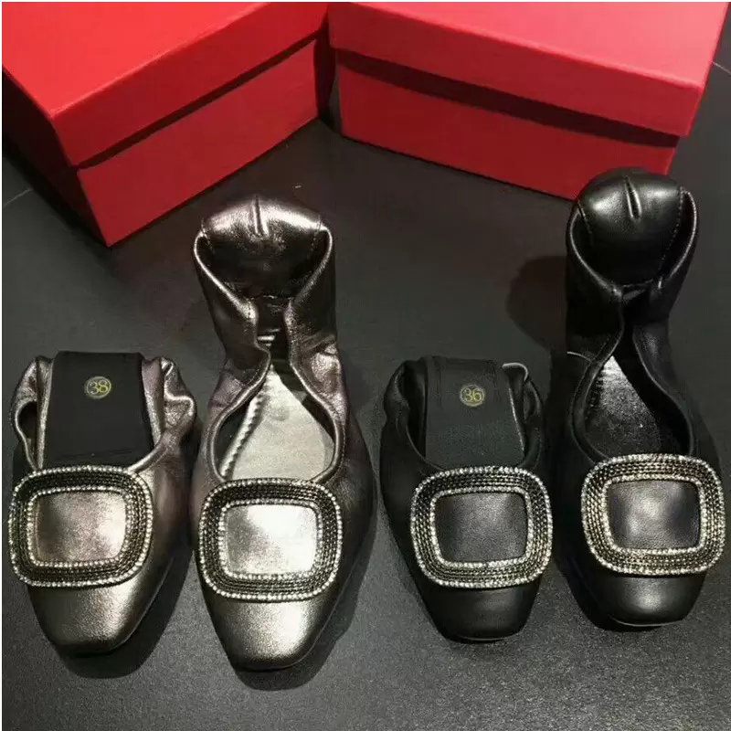 

designer Dress shoes Spring and Autumn Authentic cowhide Metal square buckle Dance shoes women boat shoe Lady leather Trample Lazy Loafers Large size 35-42 with box, Red