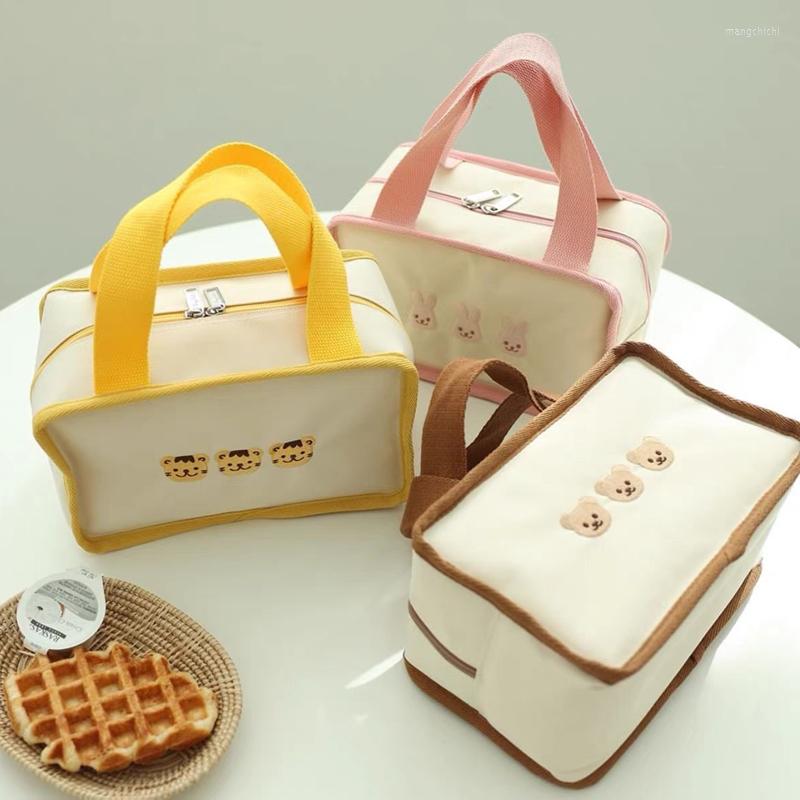 

Evening Bags Hylhexyr Bear Embroidery Thermal Insulation Bag Mommy Canvas Handbag Baby Travel Supplementary Food Cold Bento Zip Closure, Brown