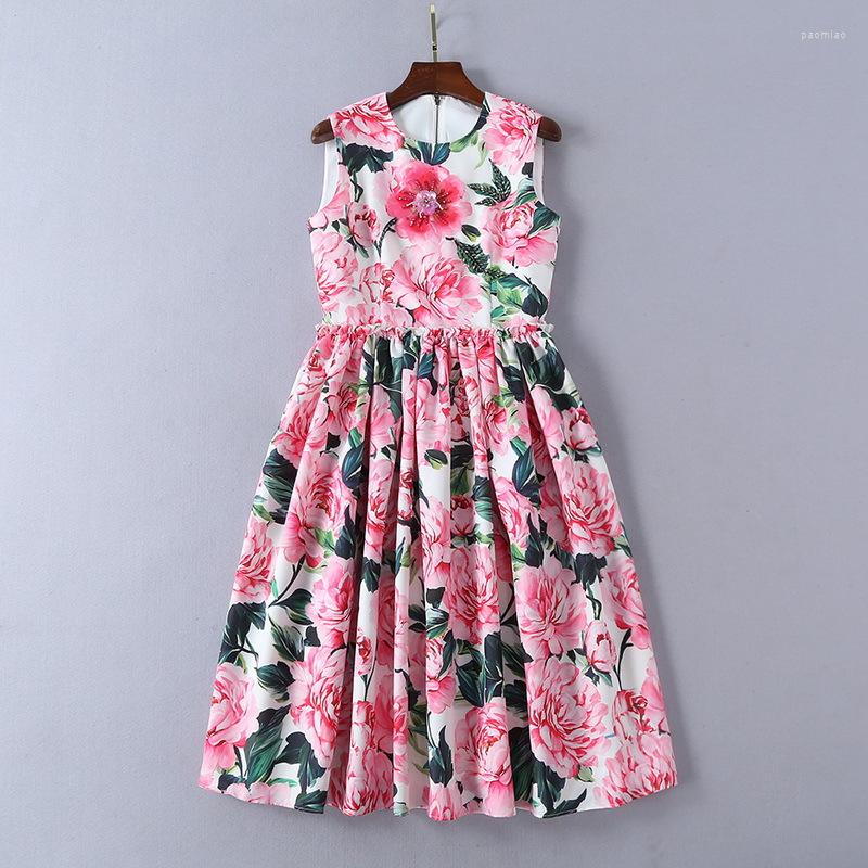 

Casual Dresses High Quality Floral Print Sleeveless 2022 Spring Summer Runways Beading Sweat Dress G032, Pink