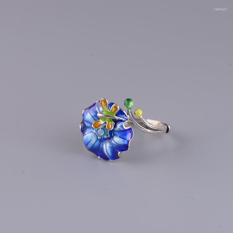 

Cluster Rings Burnt Blue Ring Female S925 Sterling Silver Vintage Chinese Style Blooming Rich Fashion Temperament Open Cloisonne Dragonfly