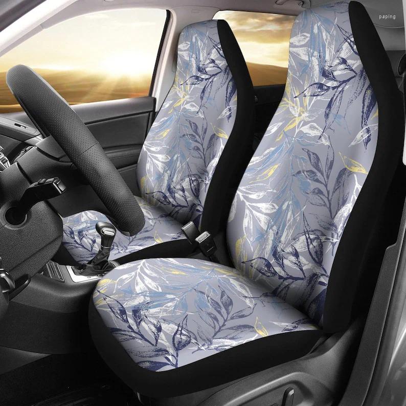 

Car Seat Covers Grey Blue Leaves Floral Flowers Pair 2 Front Protector Accessories