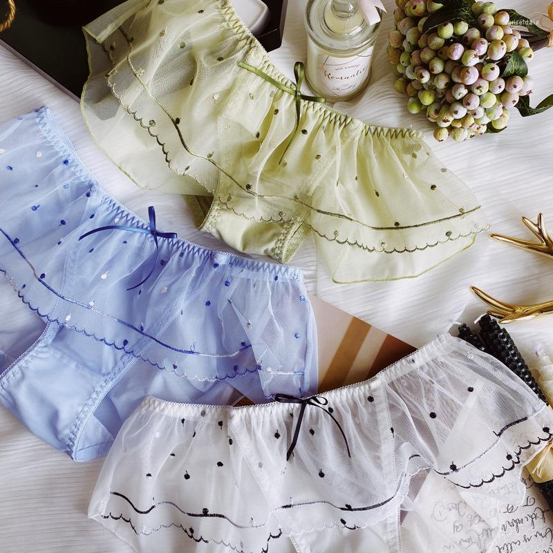 

Women's Panties Japan Sweet Ruffle Transparent Underwear Women's Hollow Out Sexy Lace Shiny Underpants Female Seamless Briefs, Blue