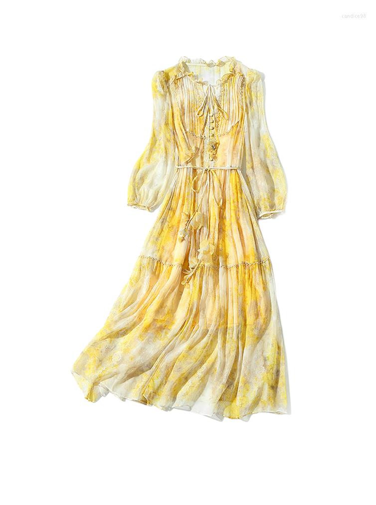 

Casual Dresses 2022 Spring Women' Silk Dress With Wooden Ear Edge V-Neck Lantern Sleeves Fashionable Vital Print Yellow Mid Length