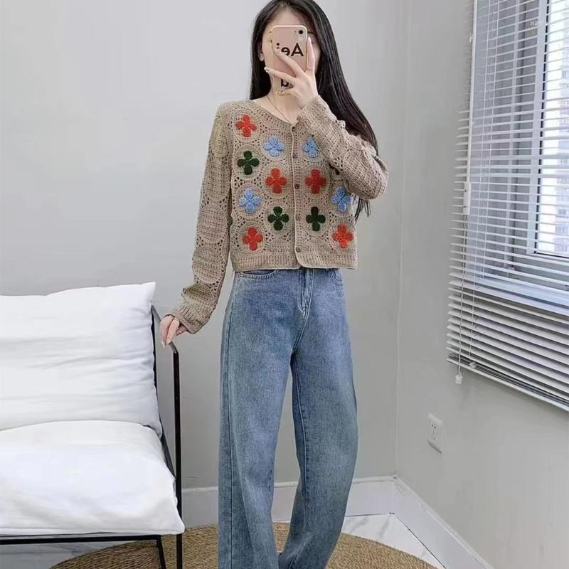 

Women's T Shirts Women Korean Style Hollow Out Crochet Knit Cardigan Embroidery Floral Long Sleeve Blouse V-Neck Button Up Cropped Jacket, Black