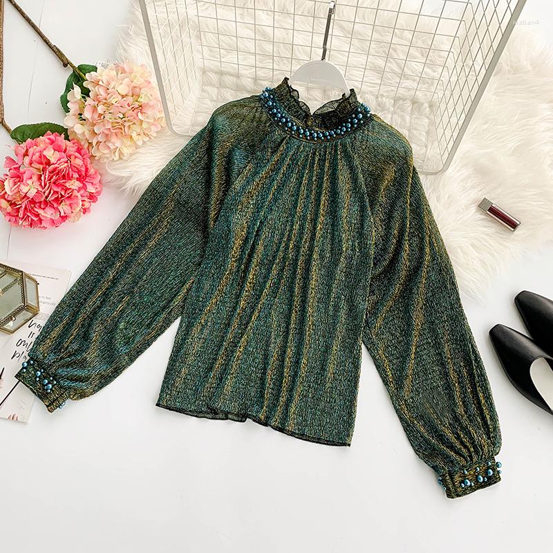 

Women's Blouses HISUMA 2022 Spring Women Chic Bright Silk Beading Semi-high Collar Bubble Sleeve Loose Shirt Female Elegant Blouse Top, Green