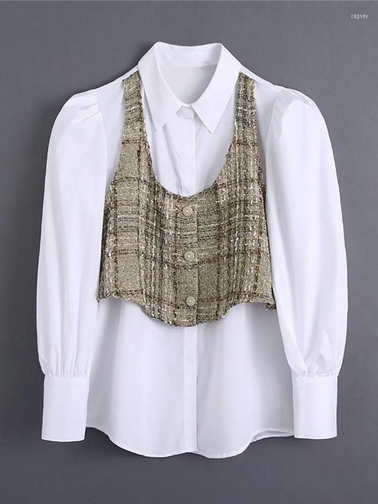 

Women's Blouses Evfer Girls Fashion Vest Patchwork White Long Shirts Chic Lady Turn-Down Collar Sleeve Blouse Womens Spring Casual Tops, As photo