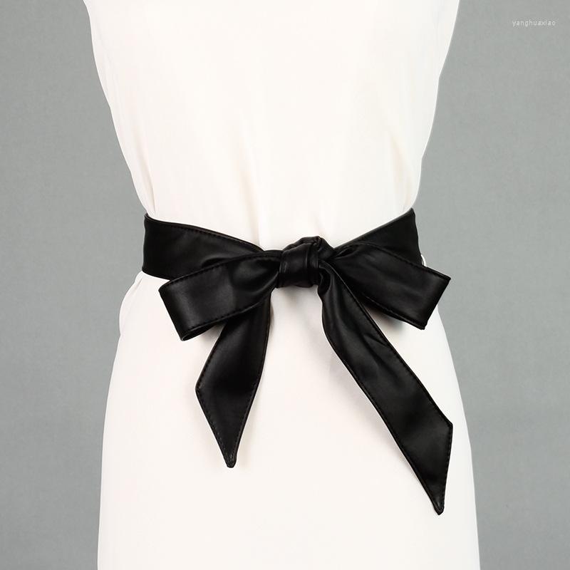 

Belts 1PC Women Fashion Blue PU Leather Wide Waistband Belt Ladies Dress Decorative Ribbon Bow Tie 2022, White