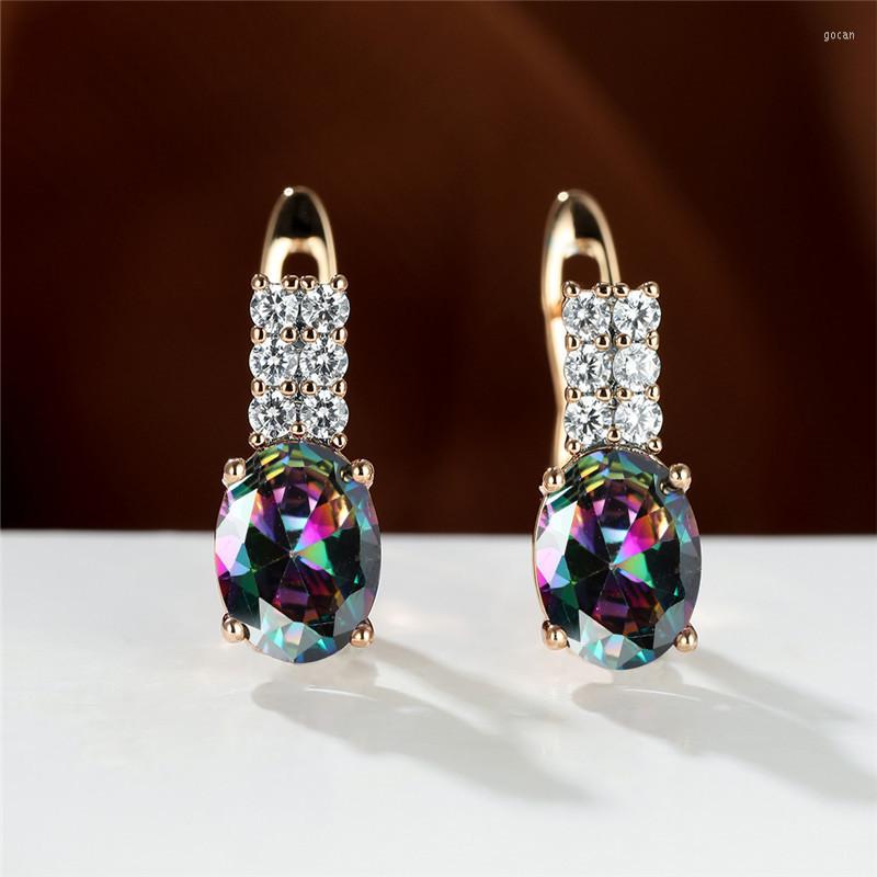 

Hoop Earrings Female Rainbow Oval Stone Luxury Multicolor Zircon Crystal Charm Gold Color Wedding For Women