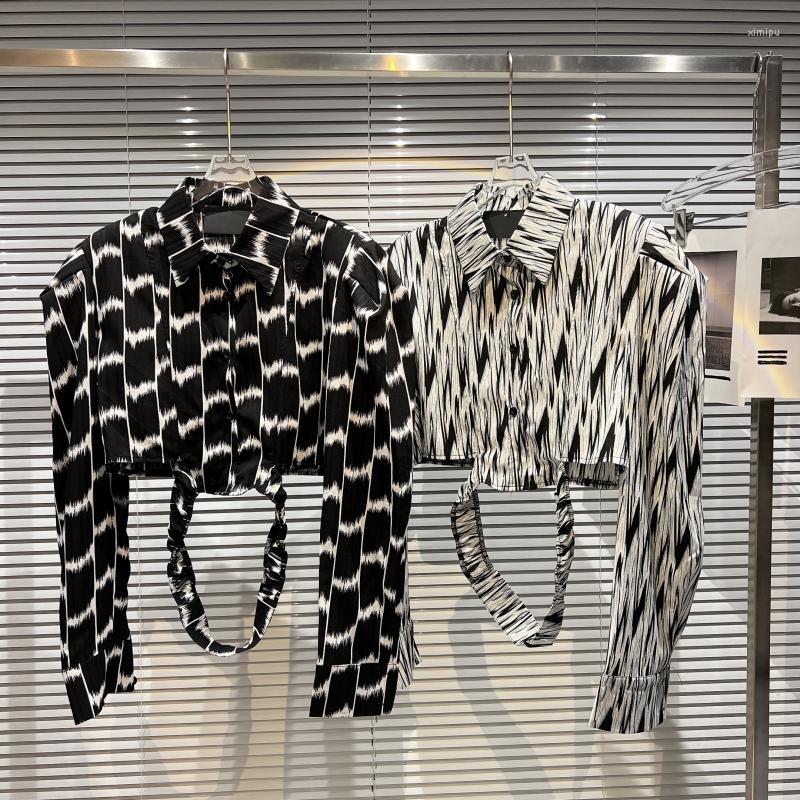 

Women's Blouses PREPOMP 2022 Autumn Arrivals Long Sleeve Padded Shoulder Turn Down Collar Floral Print Bandage Waist Shirt Women GG118, Black