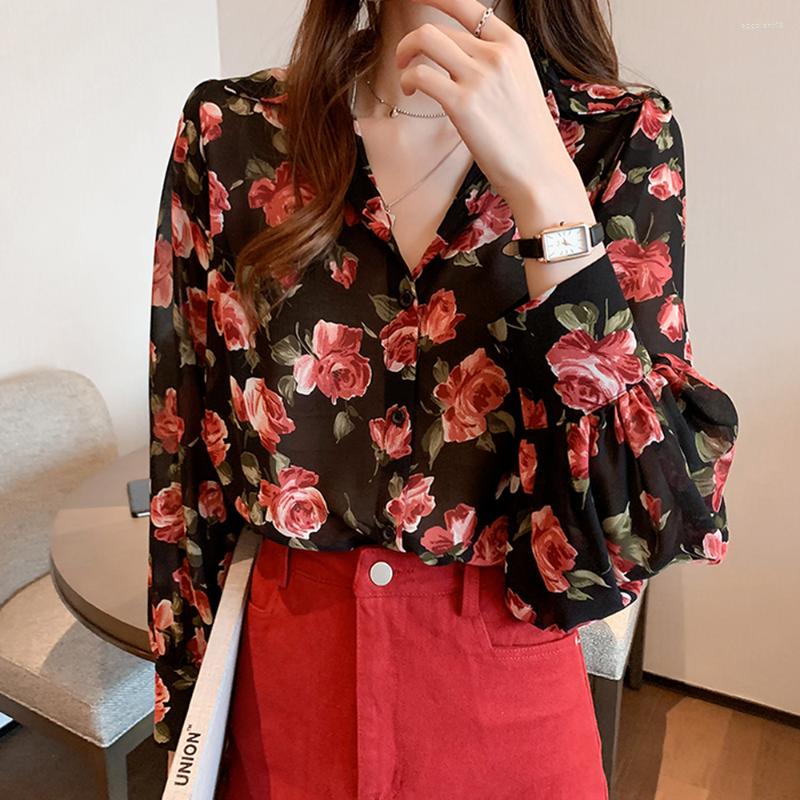 

Women' Blouses 2022 Floral Blouse Women Turn-down Collar Long Sleeve Fashion Plus Size Casual Elegant Lady Office Work Shirts Tops, Black