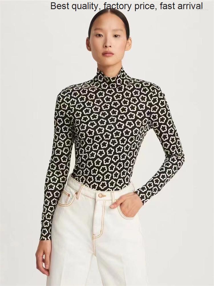 

Women' T Shirts Quality 2023 Fashion Shirt Autumn In Stand Collar Printed T-shirt High Elastic Women' Pullover Long, Black