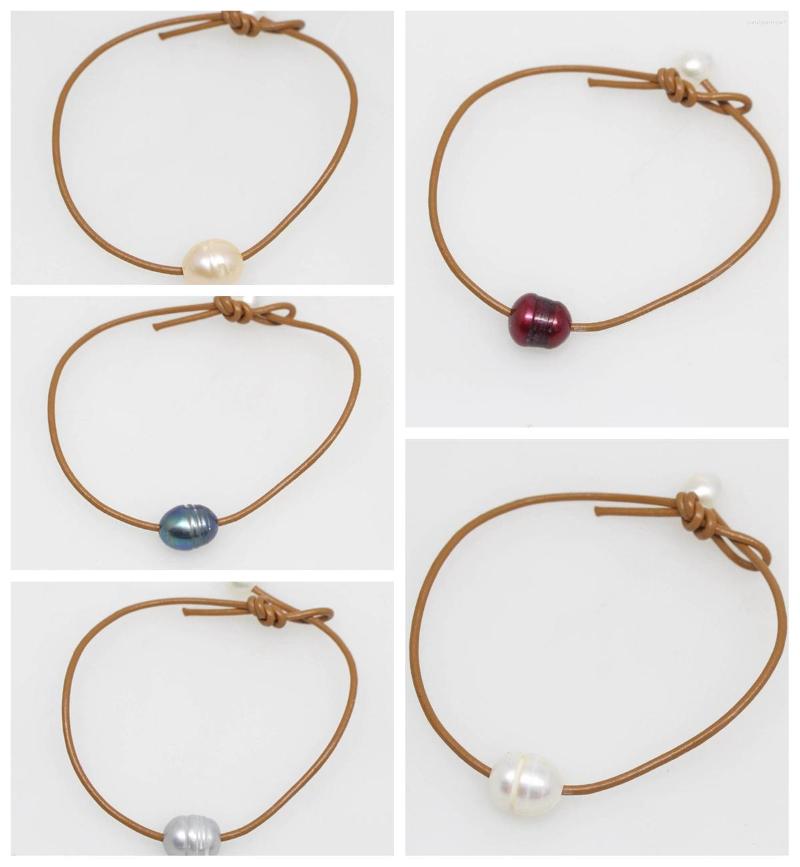 

Strand Beauty 5pcs White Pink Black Gray Red 10mmx12mm Growth Real Pearl Brown Leather Bracelet 8inches