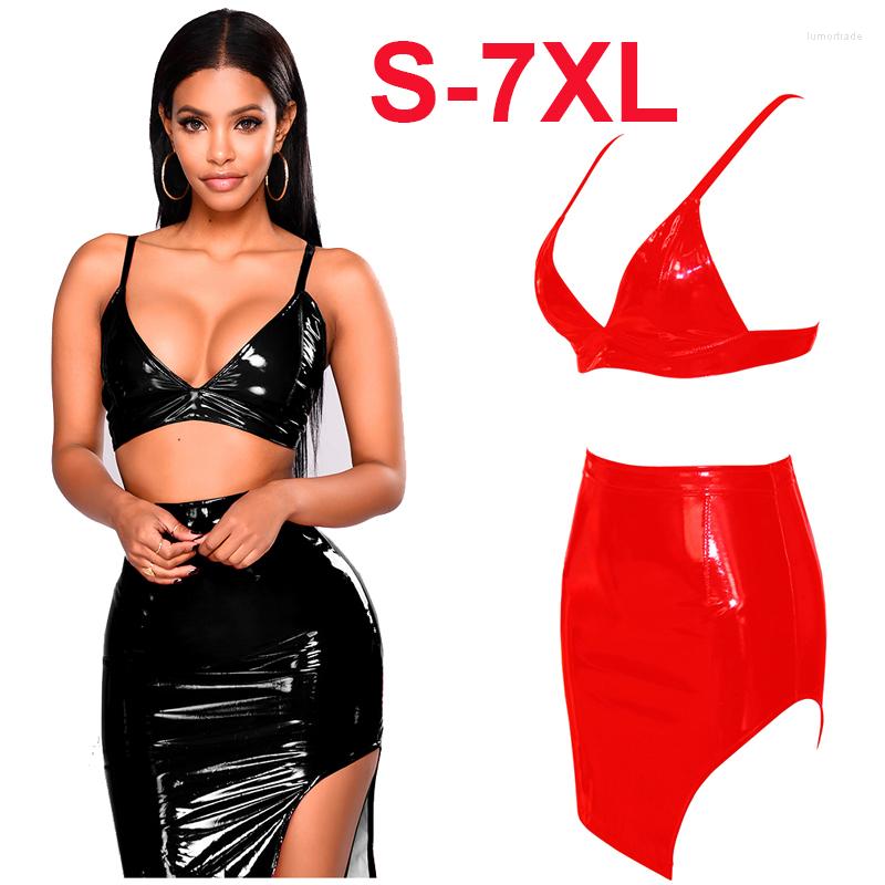 

Casual Dresses Wholesale 2 Piece Set Women PVC Leather Bodycon Dress Sexy Sleeveless Straps Club Bandage Mini Fetish Party Vestidos, Black