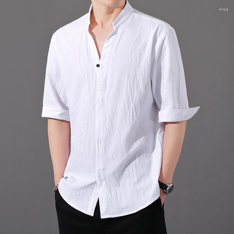 

Men's Casual Shirts Men's Summer Seven-point Sleeve Cotton And Linen Jacket Thin Loose Chinese Style Stand-up Collar Shirt Plain Clothes, 10801-8k01green