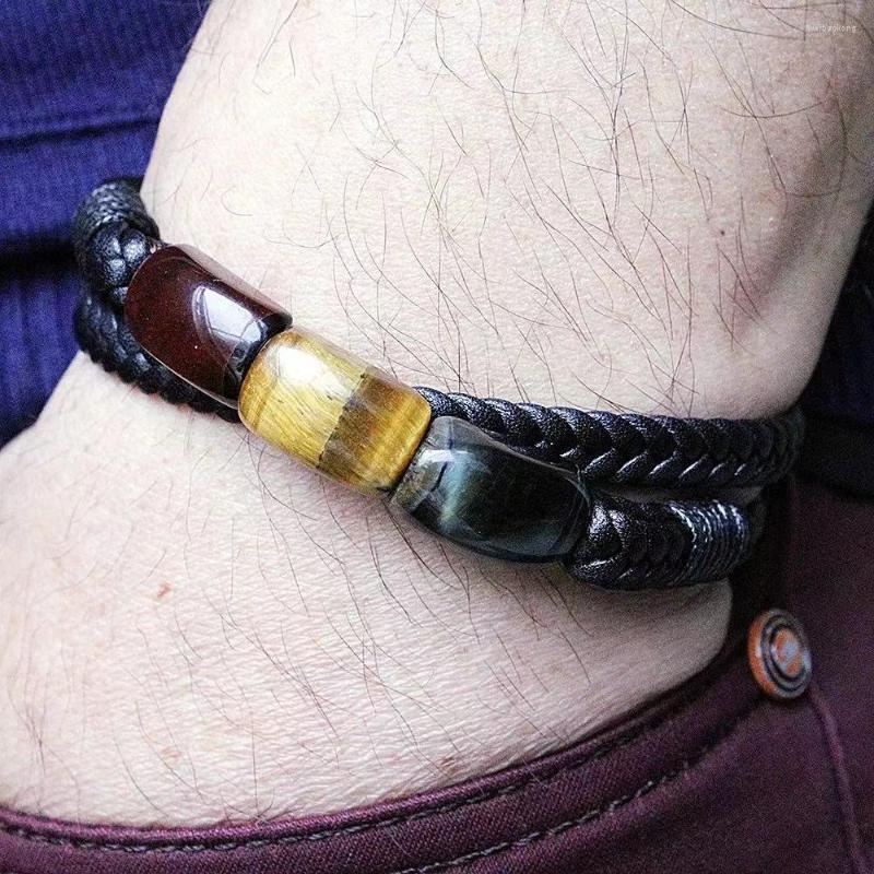 

Strand 2022 CIassic DoubIe Ieather NaturaI RectanguIar Tiger Eye Stone Men's BraceIet StainIess SteeI Magnetic JeweIry