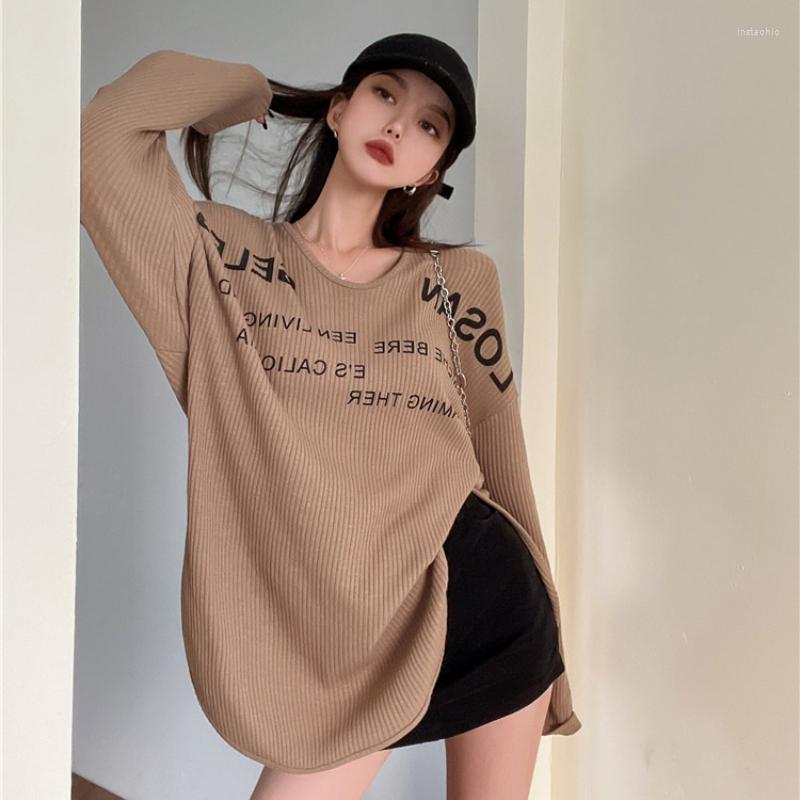 

Women's T Shirts 2022 Autumn For Women Tops Korean Style Letter Retro Screw Thread Split Fork T-Shirt Knitting Long-sleeved Elastic Tee, Khaki