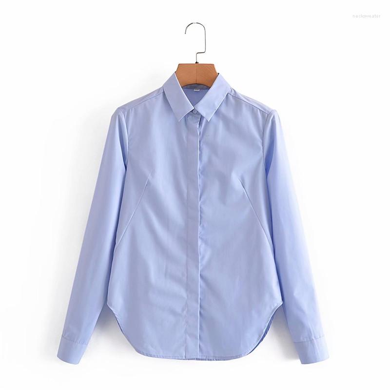 

Women's Blouses Evfer Spring Casual Turn-Down Collar Long Sleeve Slim Blue Shirts Office Lady 2022 Fashion Single Breastd Solid Tops