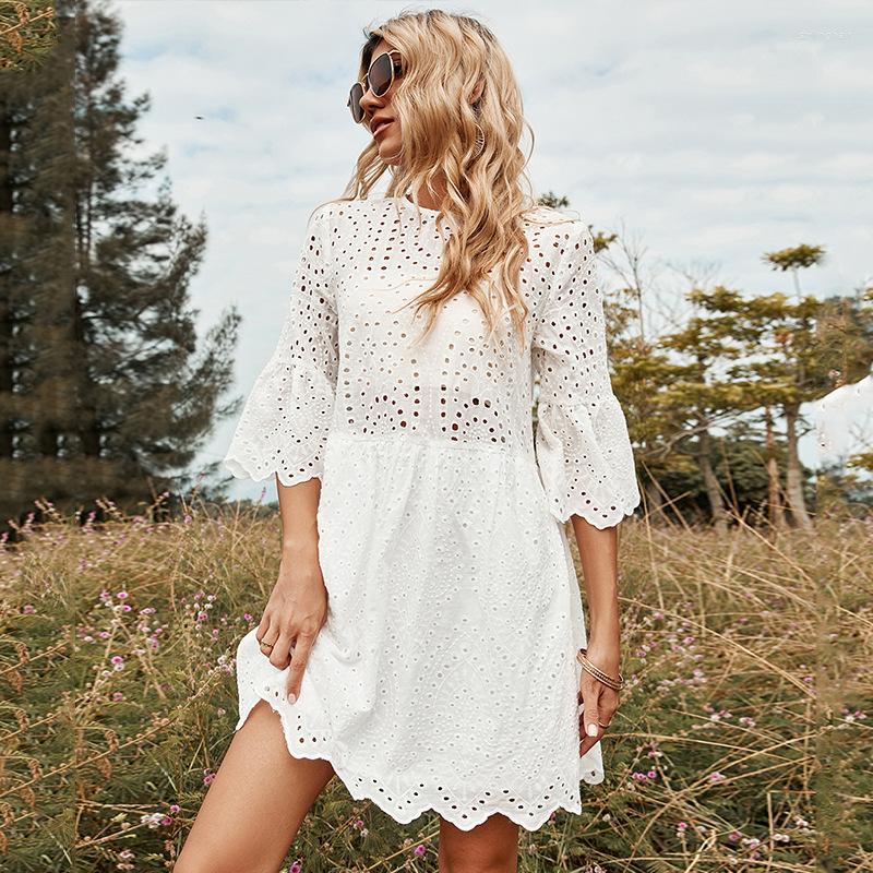 

Party Dresses AYUALIN White Hollow Out Mini Vestidos Women Vintage Flare Half Sleeve Cotton O Neck Lady Loose Casual Boho Summer Dress