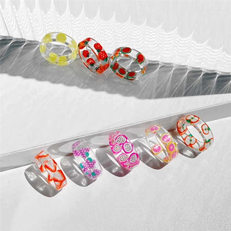

Wedding Rings 2022 Korean Girls DIY Handmade Transparent Resin For Women Geometric Round Lemon Strawberry Ring Jewelry Party Gifts