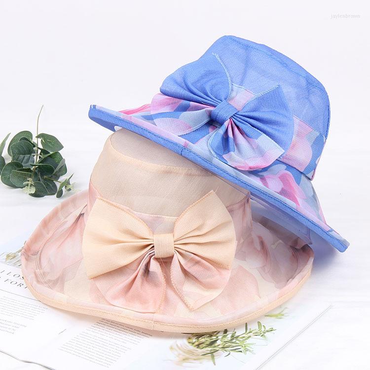 

Headpieces Mingli Tengda Women Outdoors Wide Brim Hat Bride Gauze Bow Basin Cap Foldable Big Edge Wedding Party Bridal Accessories