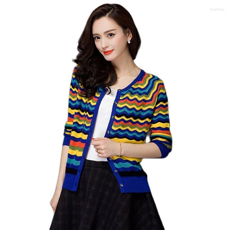 

Women' Knits 2022 Spring Knitwear Jacket Crew Neck Long Sleeves Women' Sweater Color Striped Knitted Cardigan Thin Short Coat, Orange
