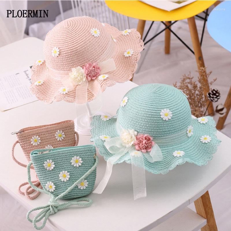 

Hats 2022 Summer Children Beautiful Flowers Straw Hat Baby Sun Girl Holiday Travel Beach Visor Bag Two-Piece Sets, Khaki single hat