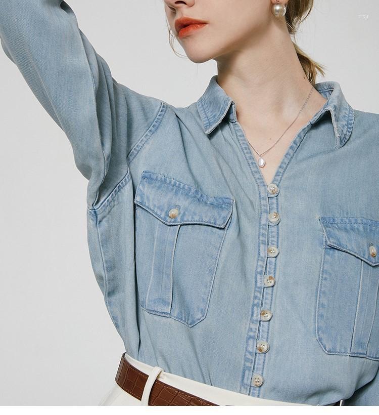 

Women's Polos Denim Shirt Female Long-sleeved All-match, Navy blue