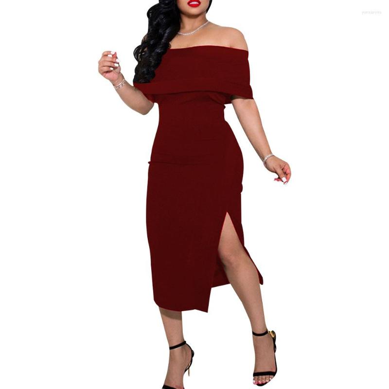 

Party Dresses Off The Shoulder Dress Elegant Summer Back Zipper Sexy Short Sleeve Club Midi Side Slit Evening 2XL, Black