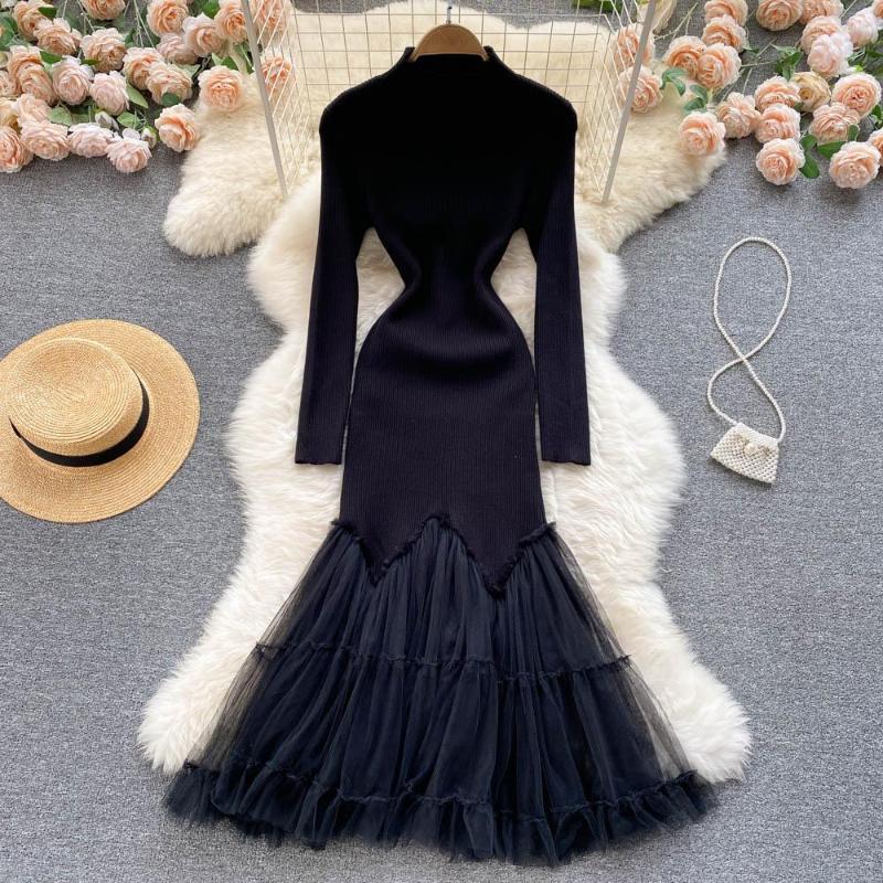 

Casual Dresses VANOVICH 2022 Autumn And Winter Dress Fashion Temperament Gauze Patchwork Ankle-Length Knitted Turtleneck Sheath, Black