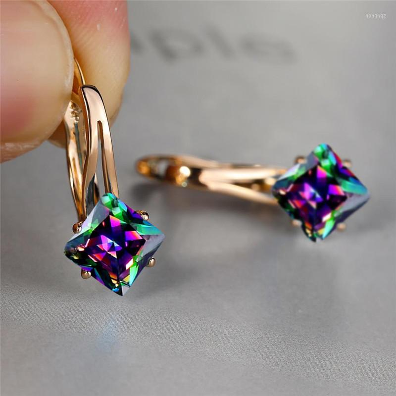 

Hoop Earrings Cute Female Rainbow Square Luxury Crystal Zircon Stone Rose Gold Color Wedding For Women