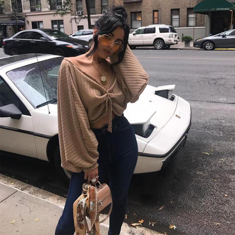 

Women' Blouses Autumn Women Tie Front Top Cold Shoulder Backless Open Shirt Flare Sleeve Off Crop Wrap Blouse 71877, Khaki