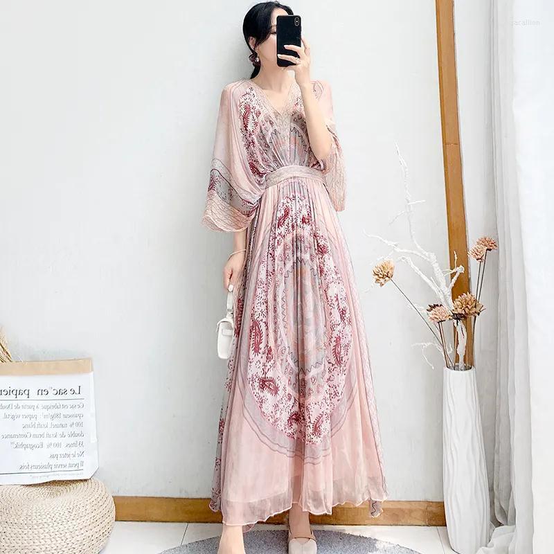 

Party Dresses 2022 Women Summer French Vintage X-Long V-Neck Print Chiffon Bohemian Elegants Female Bawing Sleeve Dress, Pink
