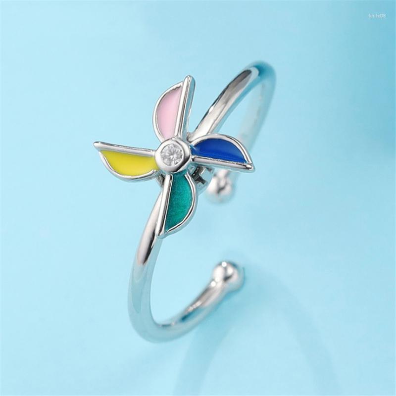 

Cluster Rings Romantic Cute Style Rotating Colored Windmill Adjustable 925 Real Silver Women Original Design Ring Girlfriend
