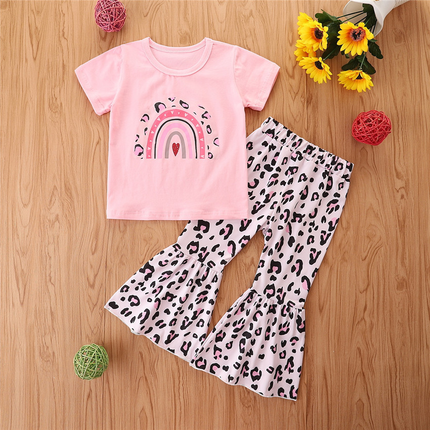 

Fashion Summer Pink Toddler Baby Girls sets rainbow T shit with leopard Pants Clothes, As picture