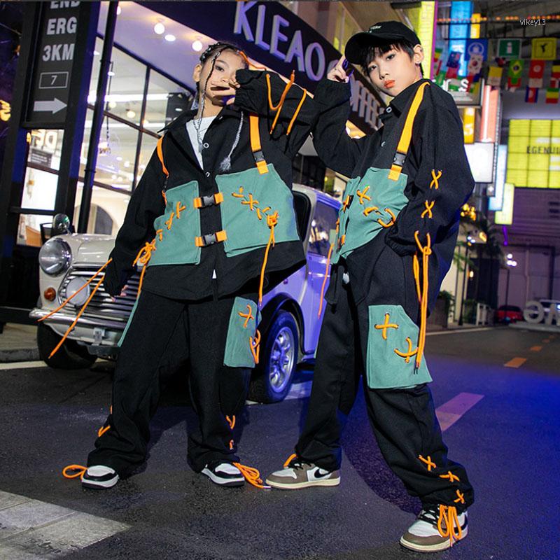 

Stage Wear Kids Oversize Hip Hop Clothing Stripe Jacket Tops Teen Streetwear Jogger Cargo Pants For Girl Boy Jazz Dance Costume Clothes Set, Tops pants set