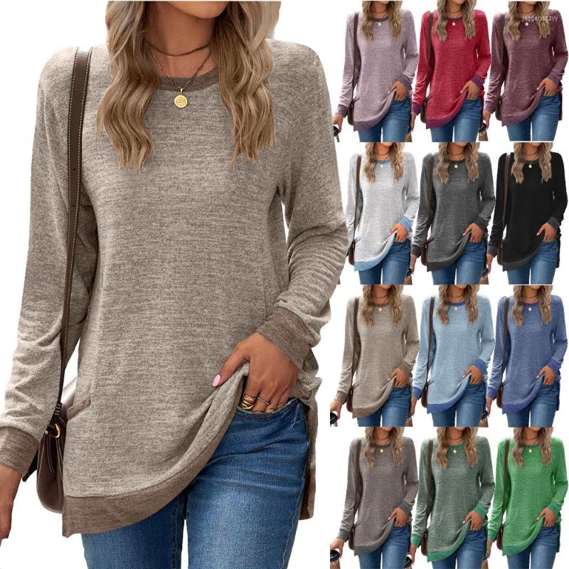 

Women' T Shirts Women Autumn Winter T-shirt Fashion O Neck Color Contrast Pocket Long Sleeve Pullover Shirt Loose Casual Vintage Clothes, Black
