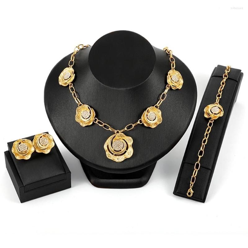 

Necklace Earrings Set Retro Flower Bracelet Wedding Gold Color For Women Big Flowers Jewellery Bridal Jewelry, Picture shown