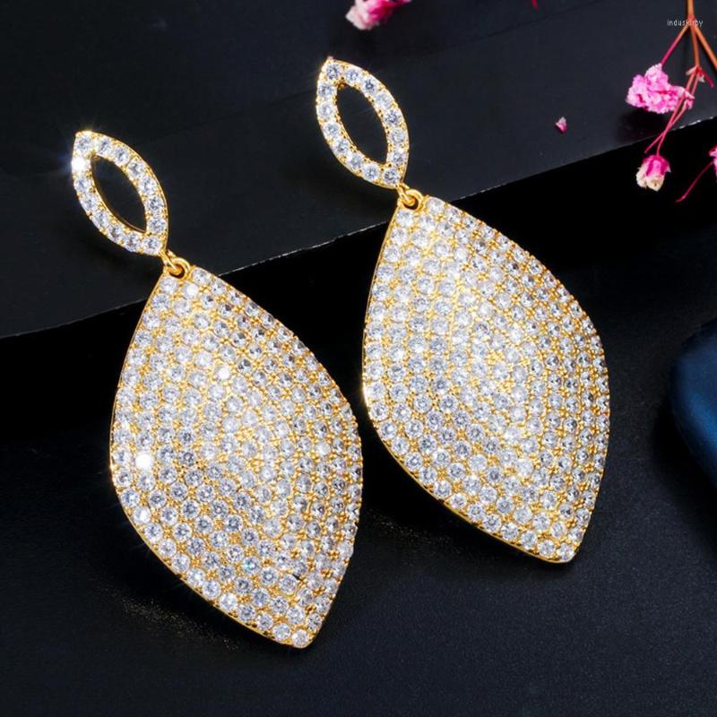 

Dangle Earrings ThreeGraces Shiny Micro Pave Cubic Zirconia Gold Color Long Big Drop For Women Luxurious Party Jewelry E0369