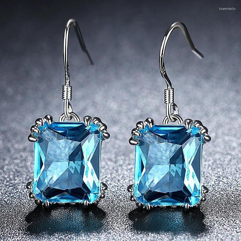 

Dangle Earrings Aquamarine Blue Crystal Gemstones Drop For Women Square Diamonds White Gold Silver Color Pendientes Jewelry Bijoux Gift