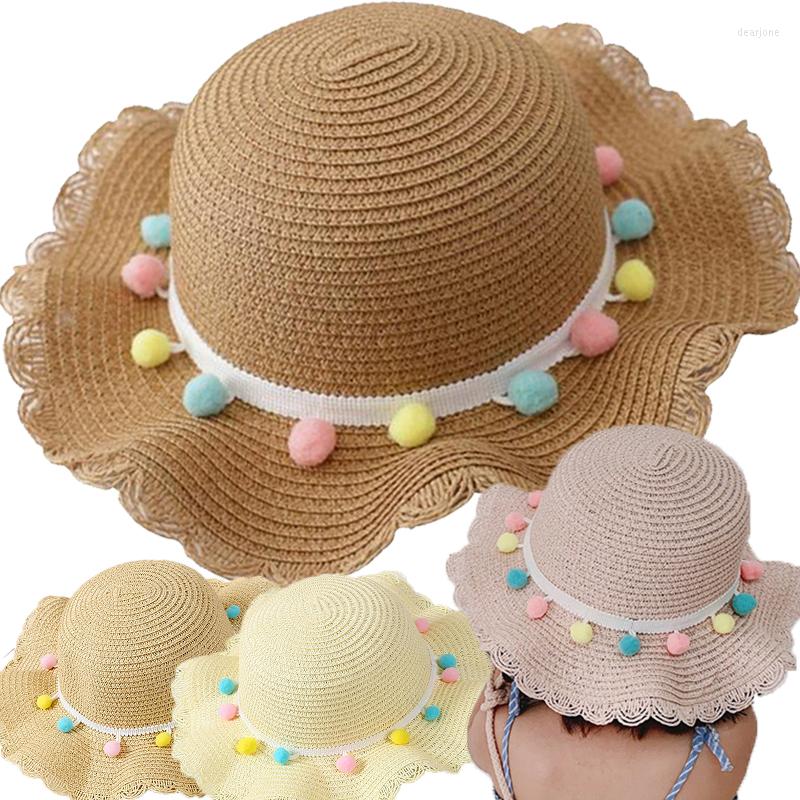 

Hats Kids Large Wide Brim Straw Hat Girl Summer Sun Protection Colorful Pompom Ball Bucket Cap Beach Baby Fisherman Caps, Khaki