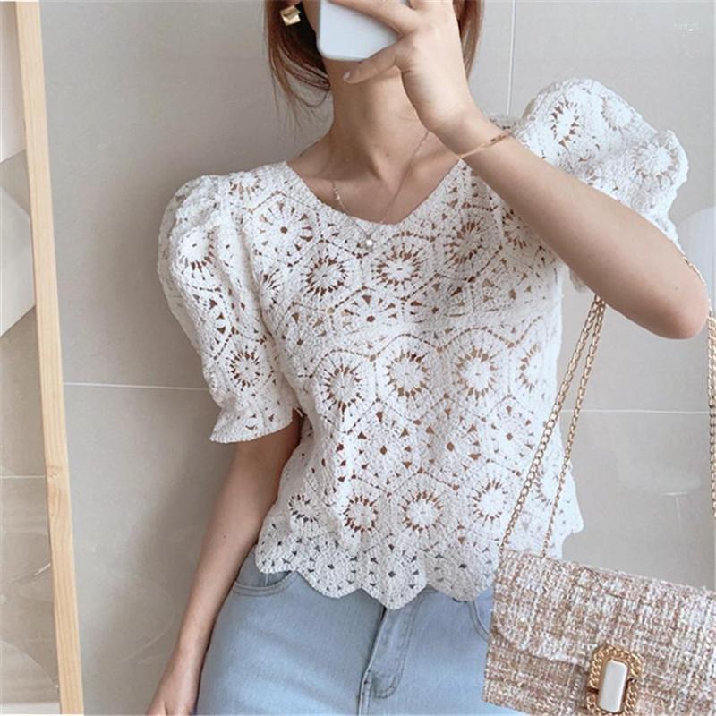 

Women's Blouses Korean Style Chic Elegant Blouse White Shirt Puff Sleeve Crop Top Women Lace Designer Blusa Feminina Boho Clothing