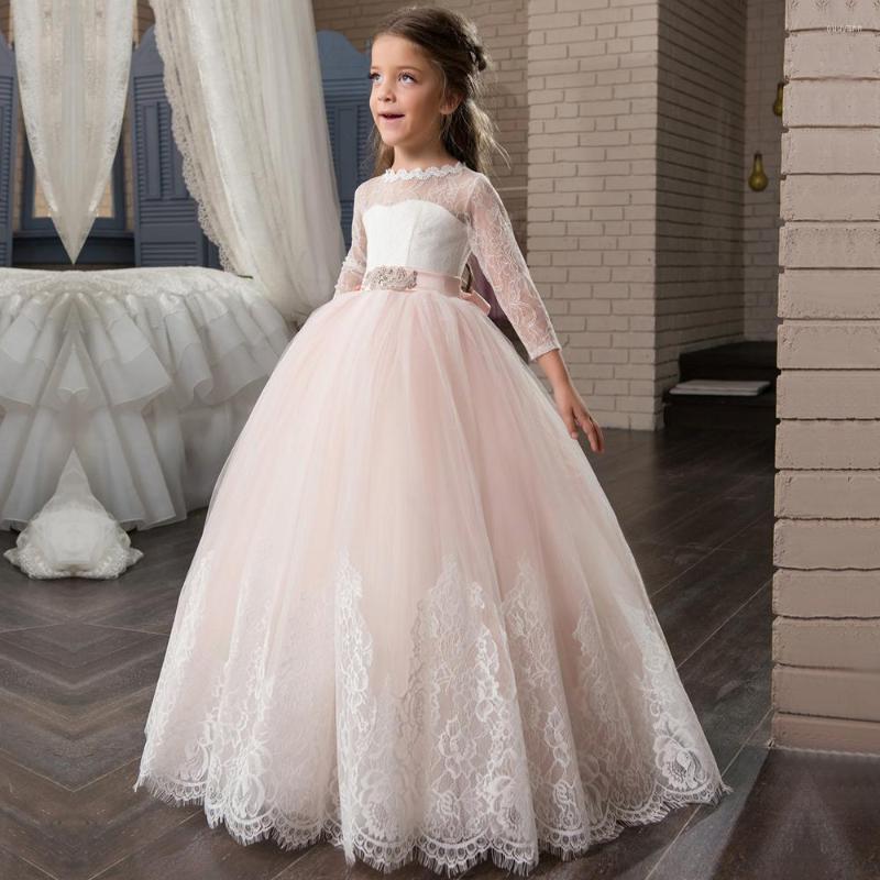 

Girl Dresses Blush Flower For Weddings Ball Gown 3/4 Sleeves Tulle Lace Bow Long First Communion Little Girls, Blue