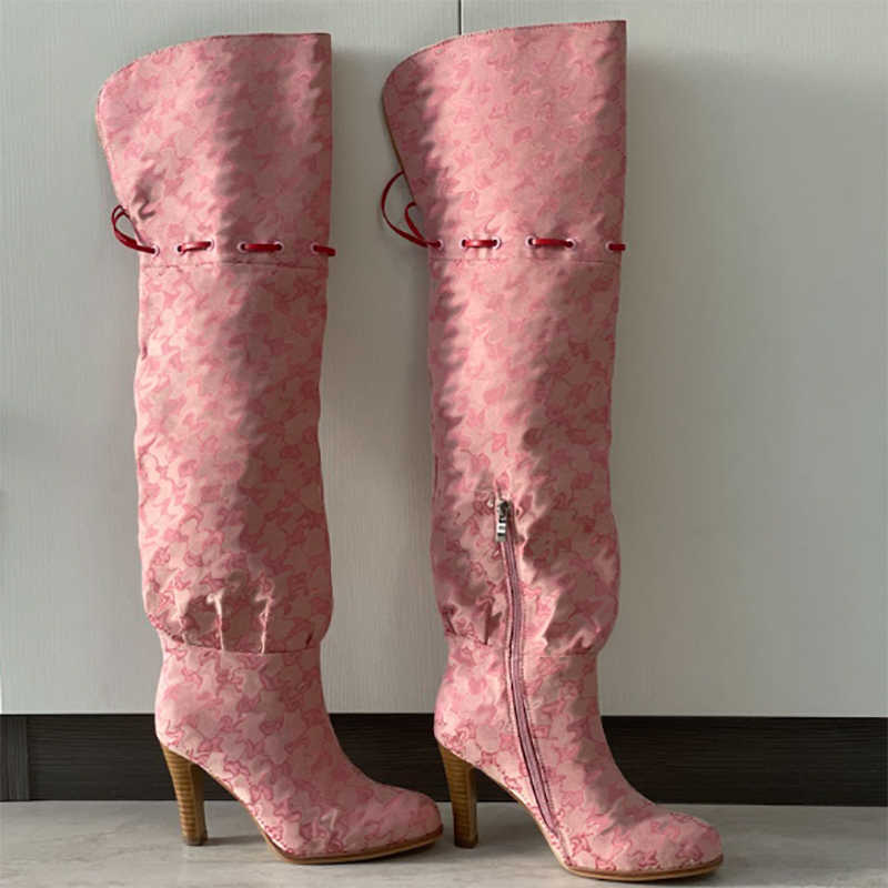 

Women High Boots Designer Original Shoes Over the knee boots Pink Brown Printed Canvas Zipper Lace up Snow boot Ladies Sexy High Boot 35-42 With Box 317, Color 2