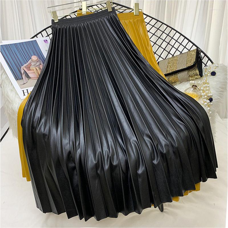 

Skirts Women Elegant Faux Leather Long Skirt Ladies High Waist Black Pleated PU Swing A-Line Faldas 2022 Autumn Winter SK883