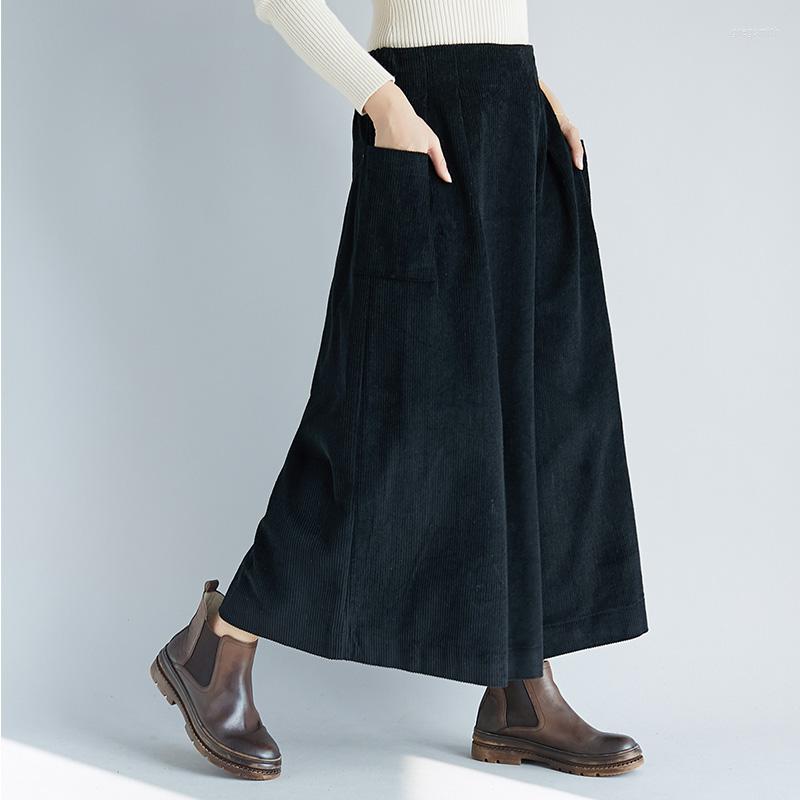 

Women's Pants 2022 Arrival Autumn Winter Women Casual Loose Vintage Ankle-length Cotton Corduroy Elastic Waist Wide Leg V843, Black