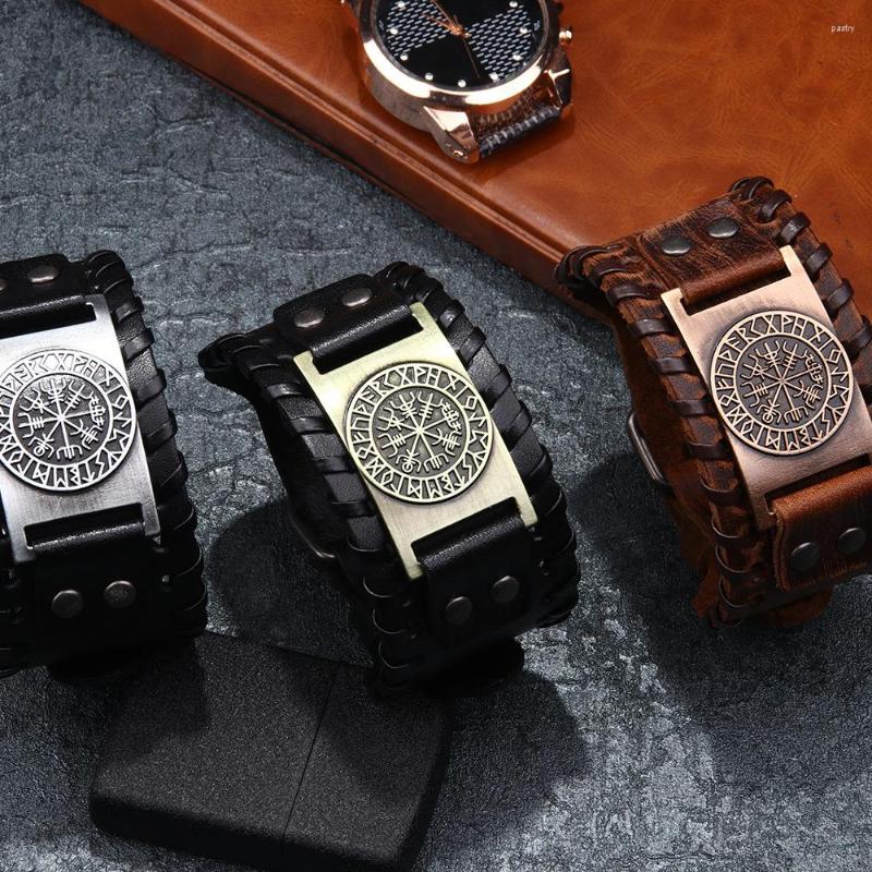 

Charm Bracelets Viking Compass Bracelet For Men Boy Wide Genuine Leather Adjustable Length Watch Wristband Male Jewelry