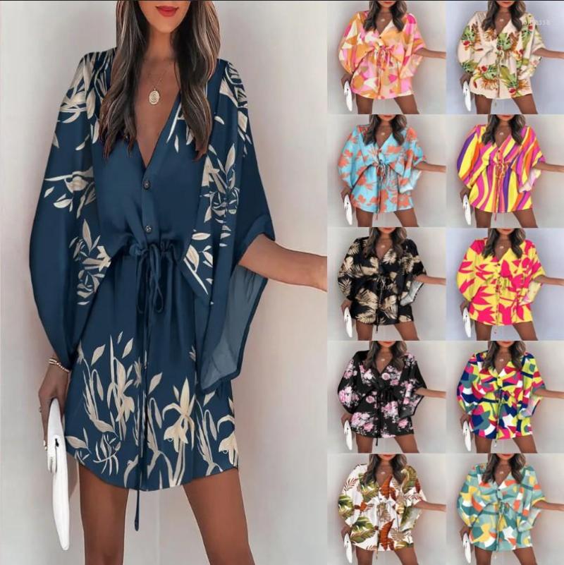 

Casual Dresses 2022 Europe And America Summer Flying Sleeve A-line Dress V-neck Lace Up Holiday, 10