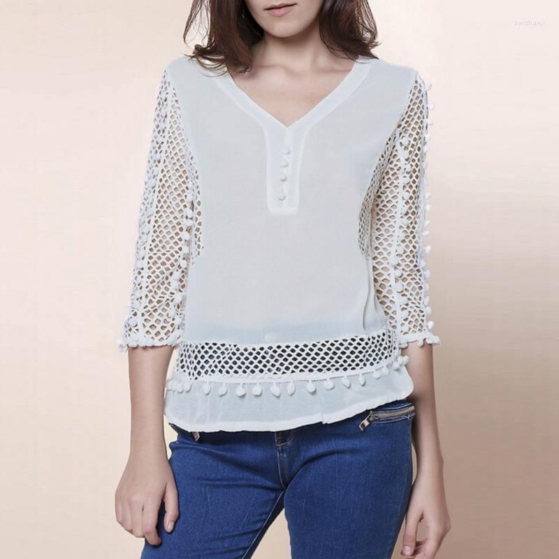 

Women' Blouses Celmia 2022 Autumn Women Lace Blouse White Shirts V-neck 3/4 Sleeve Hollow Casual Chiffon Tops Loose Blusas Femininas